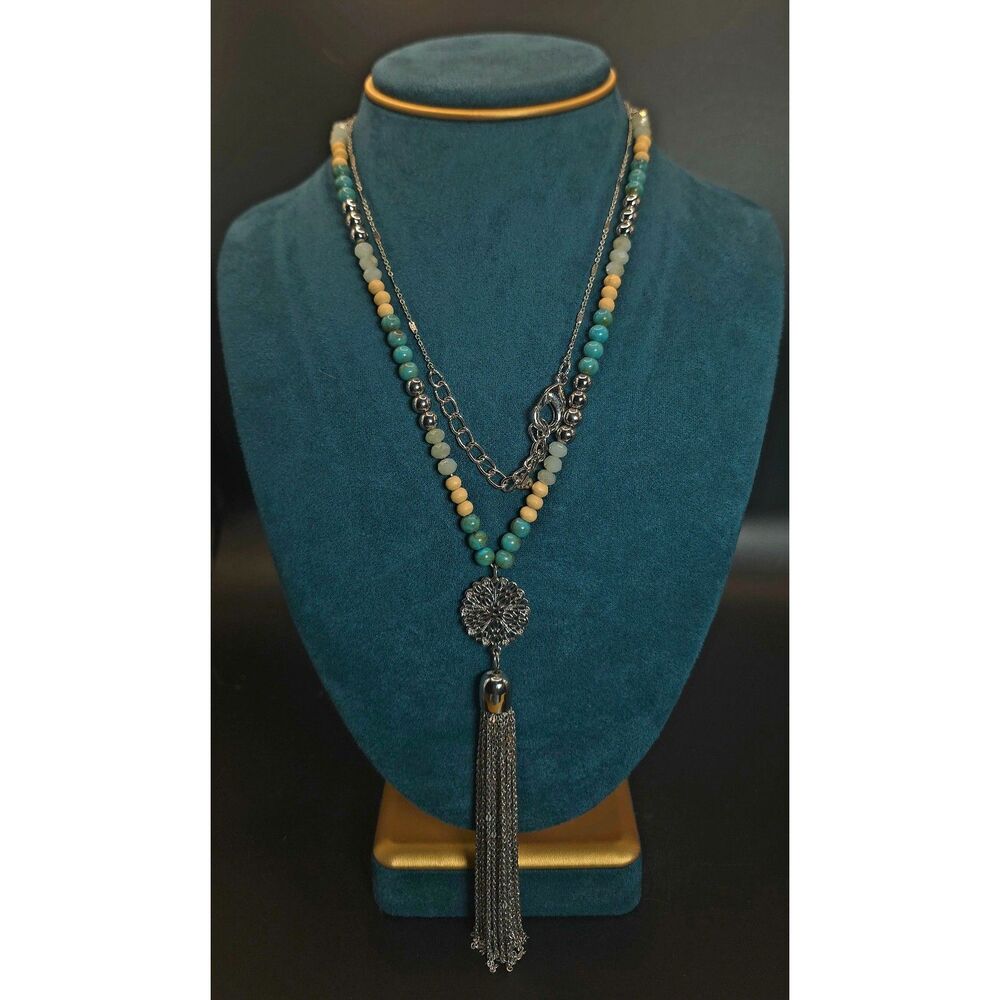 Boho Chic Layered Wood & Turquoise-Tone Beaded Tassel Necklace